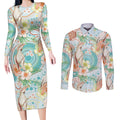 Australia Pink Cockatoo Aboriginal Art Couples Matching Long Sleeve Bodycon Dress and Long Sleeve Button Shirt Tropical Hibiscus Floral Style
