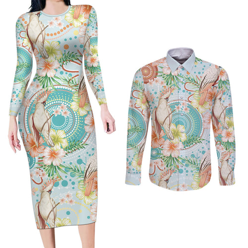 Australia Pink Cockatoo Aboriginal Art Couples Matching Long Sleeve Bodycon Dress and Long Sleeve Button Shirt Tropical Hibiscus Floral Style