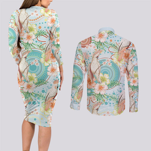 Australia Pink Cockatoo Aboriginal Art Couples Matching Long Sleeve Bodycon Dress and Long Sleeve Button Shirt Tropical Hibiscus Floral Style