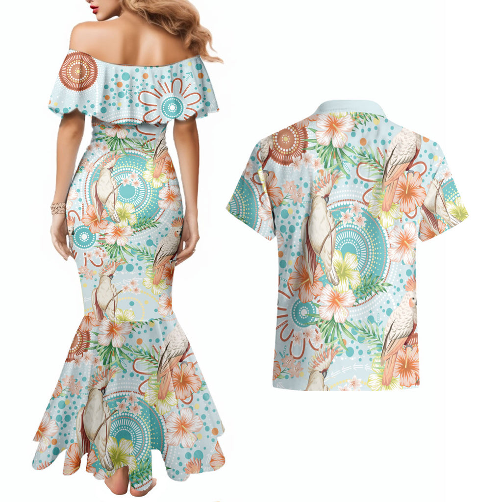 Australia Pink Cockatoo Aboriginal Art Couples Matching Mermaid Dress and Hawaiian Shirt Tropical Hibiscus Floral Style