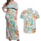 Australia Pink Cockatoo Aboriginal Art Couples Matching Off Shoulder Maxi Dress and Hawaiian Shirt Tropical Hibiscus Floral Style