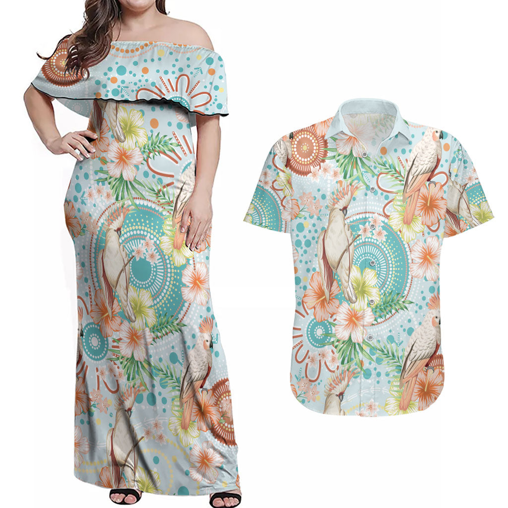 Australia Pink Cockatoo Aboriginal Art Couples Matching Off Shoulder Maxi Dress and Hawaiian Shirt Tropical Hibiscus Floral Style