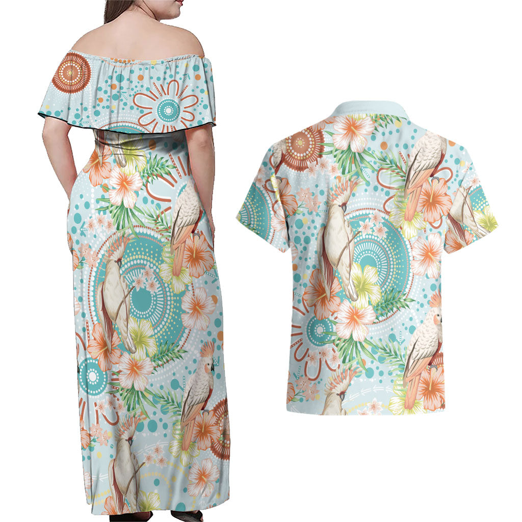 Australia Pink Cockatoo Aboriginal Art Couples Matching Off Shoulder Maxi Dress and Hawaiian Shirt Tropical Hibiscus Floral Style