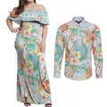 Australia Pink Cockatoo Aboriginal Art Couples Matching Off Shoulder Maxi Dress and Long Sleeve Button Shirt Tropical Hibiscus Floral Style