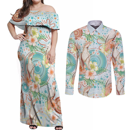 Australia Pink Cockatoo Aboriginal Art Couples Matching Off Shoulder Maxi Dress and Long Sleeve Button Shirt Tropical Hibiscus Floral Style