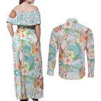 Australia Pink Cockatoo Aboriginal Art Couples Matching Off Shoulder Maxi Dress and Long Sleeve Button Shirt Tropical Hibiscus Floral Style
