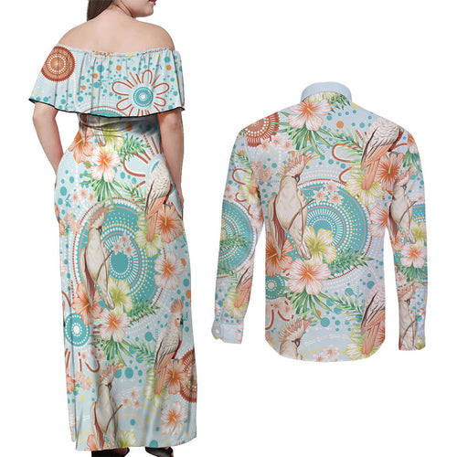 Australia Pink Cockatoo Aboriginal Art Couples Matching Off Shoulder Maxi Dress and Long Sleeve Button Shirt Tropical Hibiscus Floral Style