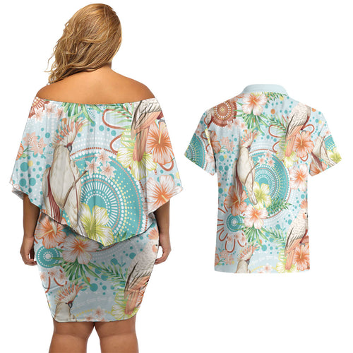 Australia Pink Cockatoo Aboriginal Art Couples Matching Off Shoulder Short Dress and Hawaiian Shirt Tropical Hibiscus Floral Style