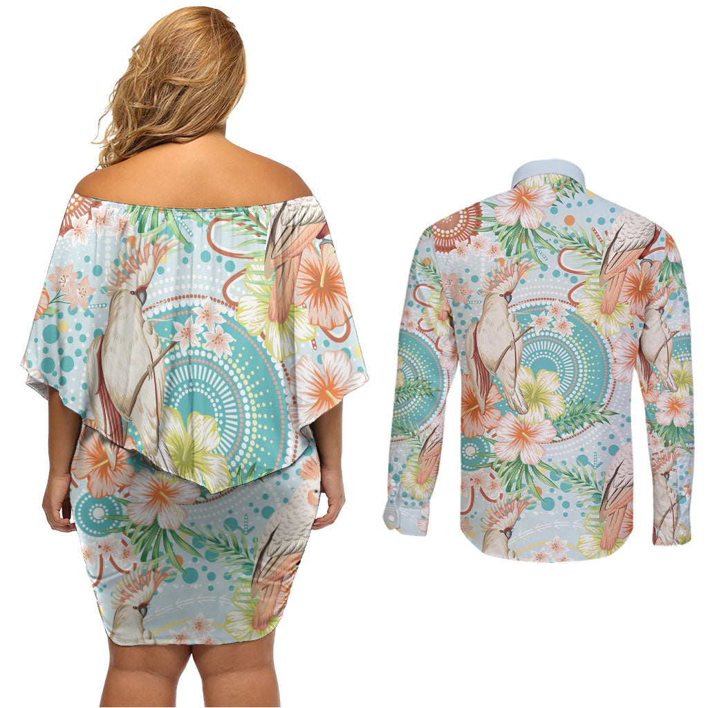 Australia Pink Cockatoo Aboriginal Art Couples Matching Off Shoulder Short Dress and Long Sleeve Button Shirt Tropical Hibiscus Floral Style