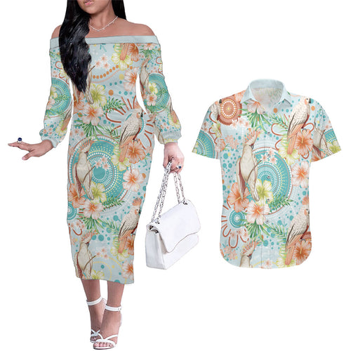 Australia Pink Cockatoo Aboriginal Art Couples Matching Off The Shoulder Long Sleeve Dress and Hawaiian Shirt Tropical Hibiscus Floral Style