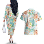 Australia Pink Cockatoo Aboriginal Art Couples Matching Off The Shoulder Long Sleeve Dress and Hawaiian Shirt Tropical Hibiscus Floral Style