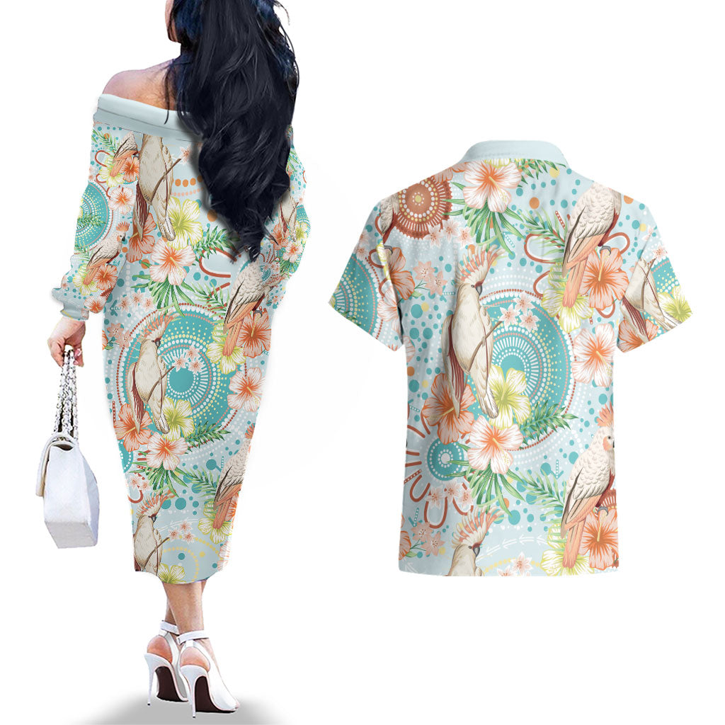 Australia Pink Cockatoo Aboriginal Art Couples Matching Off The Shoulder Long Sleeve Dress and Hawaiian Shirt Tropical Hibiscus Floral Style