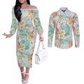 Australia Pink Cockatoo Aboriginal Art Couples Matching Off The Shoulder Long Sleeve Dress and Long Sleeve Button Shirt Tropical Hibiscus Floral Style