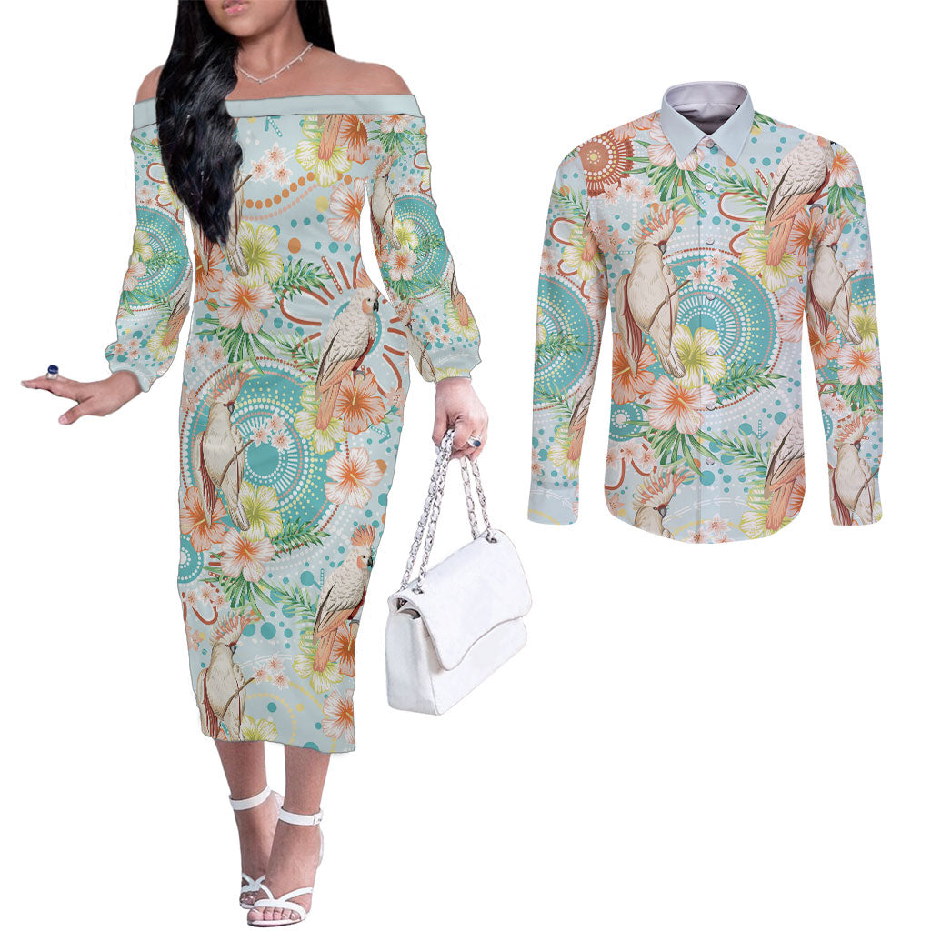Australia Pink Cockatoo Aboriginal Art Couples Matching Off The Shoulder Long Sleeve Dress and Long Sleeve Button Shirt Tropical Hibiscus Floral Style