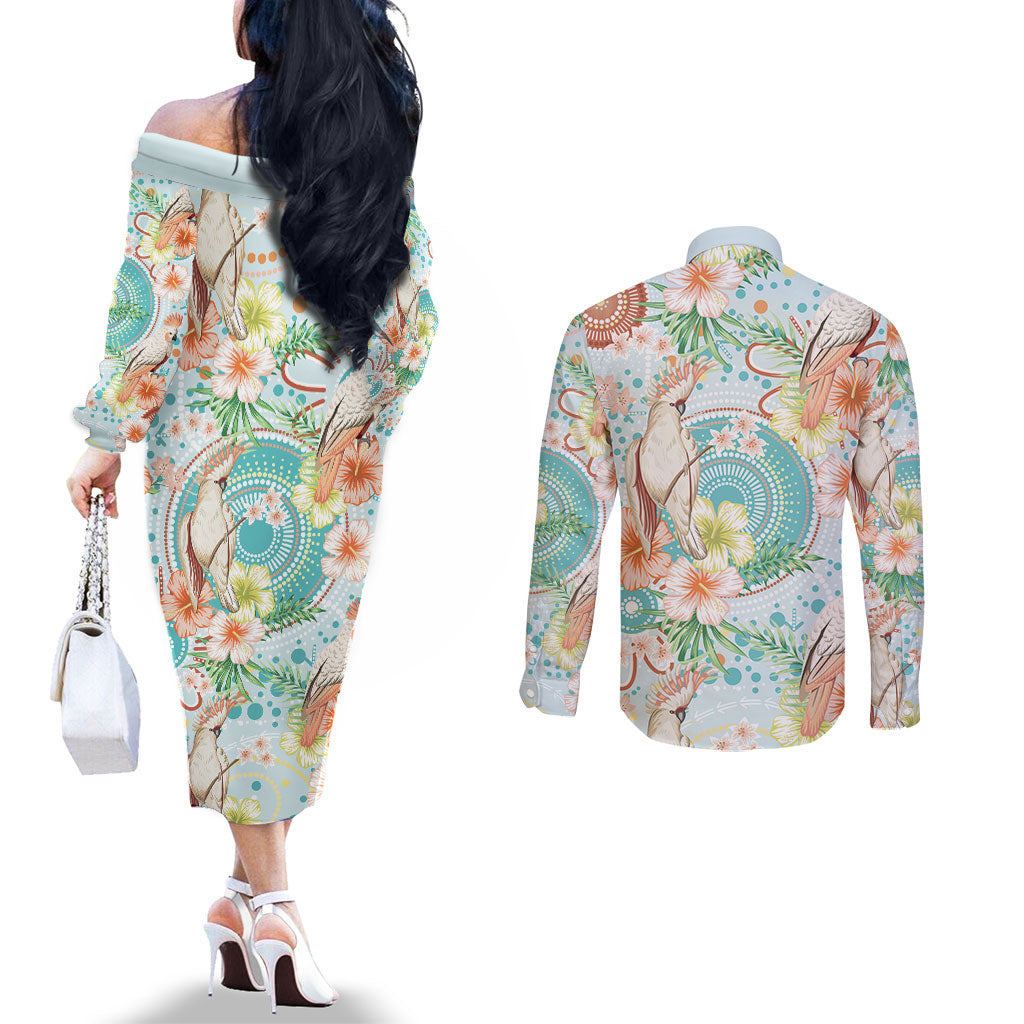 Australia Pink Cockatoo Aboriginal Art Couples Matching Off The Shoulder Long Sleeve Dress and Long Sleeve Button Shirt Tropical Hibiscus Floral Style
