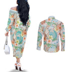 Australia Pink Cockatoo Aboriginal Art Couples Matching Off The Shoulder Long Sleeve Dress and Long Sleeve Button Shirt Tropical Hibiscus Floral Style