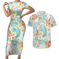 Australia Pink Cockatoo Aboriginal Art Couples Matching Short Sleeve Bodycon Dress and Hawaiian Shirt Tropical Hibiscus Floral Style