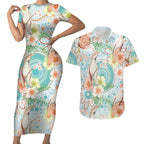 Australia Pink Cockatoo Aboriginal Art Couples Matching Short Sleeve Bodycon Dress and Hawaiian Shirt Tropical Hibiscus Floral Style
