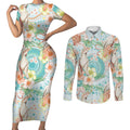 Australia Pink Cockatoo Aboriginal Art Couples Matching Short Sleeve Bodycon Dress and Long Sleeve Button Shirt Tropical Hibiscus Floral Style