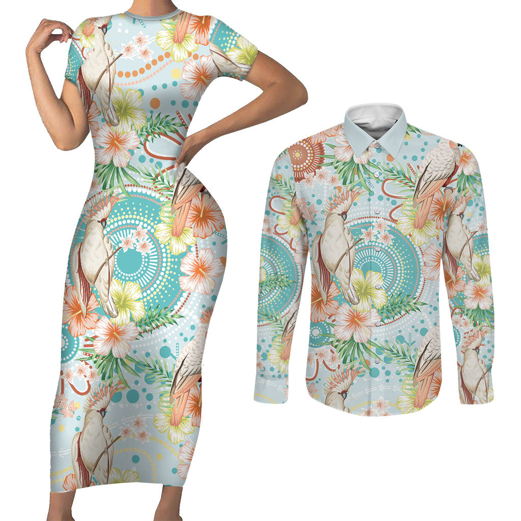 Australia Pink Cockatoo Aboriginal Art Couples Matching Short Sleeve Bodycon Dress and Long Sleeve Button Shirt Tropical Hibiscus Floral Style