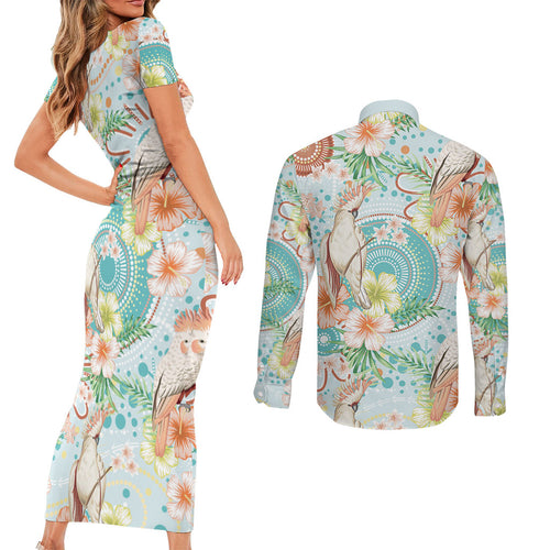 Australia Pink Cockatoo Aboriginal Art Couples Matching Short Sleeve Bodycon Dress and Long Sleeve Button Shirt Tropical Hibiscus Floral Style