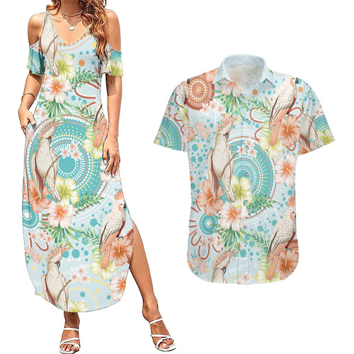 Australia Pink Cockatoo Aboriginal Art Couples Matching Summer Maxi Dress and Hawaiian Shirt Tropical Hibiscus Floral Style