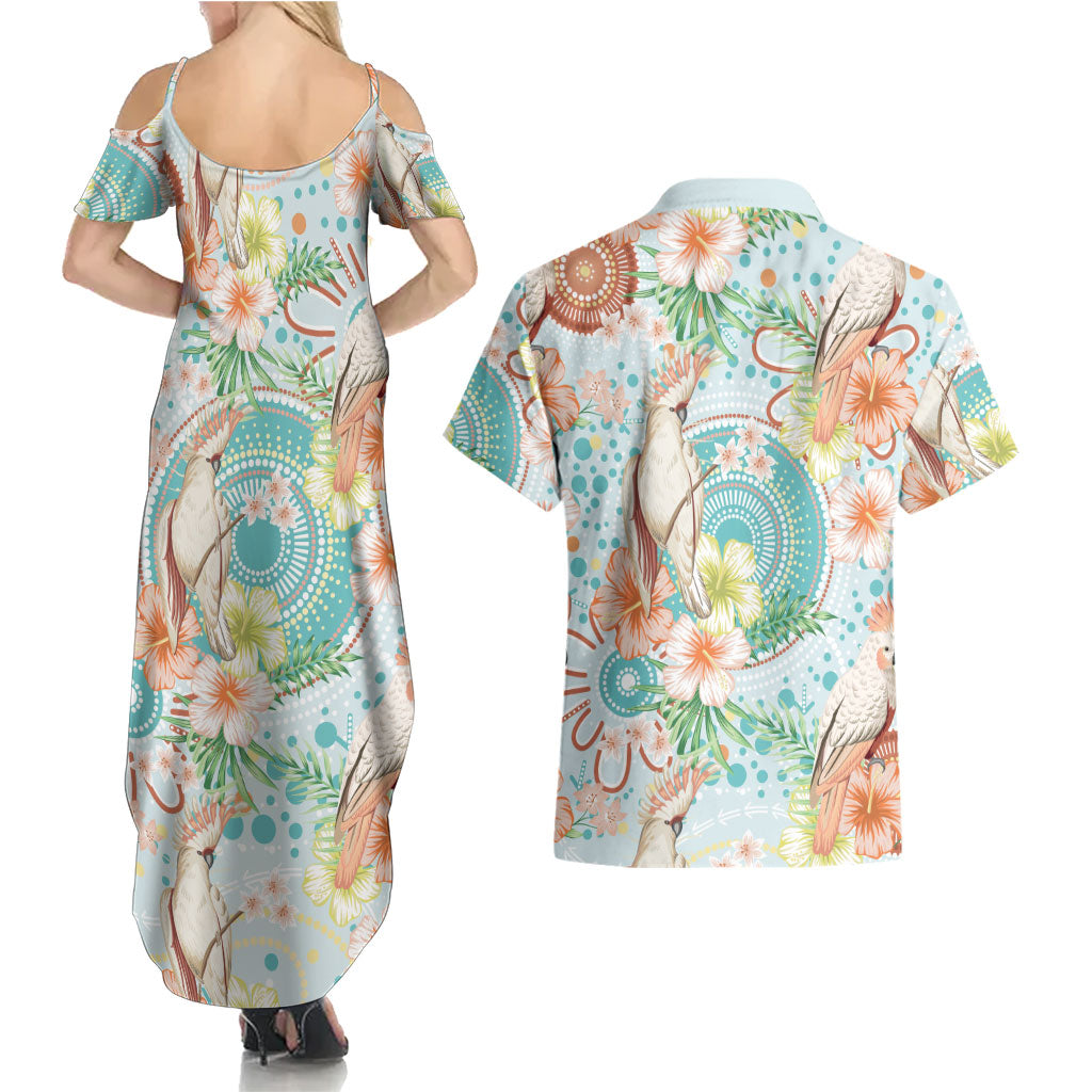 Australia Pink Cockatoo Aboriginal Art Couples Matching Summer Maxi Dress and Hawaiian Shirt Tropical Hibiscus Floral Style
