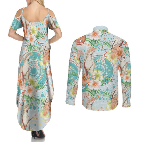 Australia Pink Cockatoo Aboriginal Art Couples Matching Summer Maxi Dress and Long Sleeve Button Shirt Tropical Hibiscus Floral Style