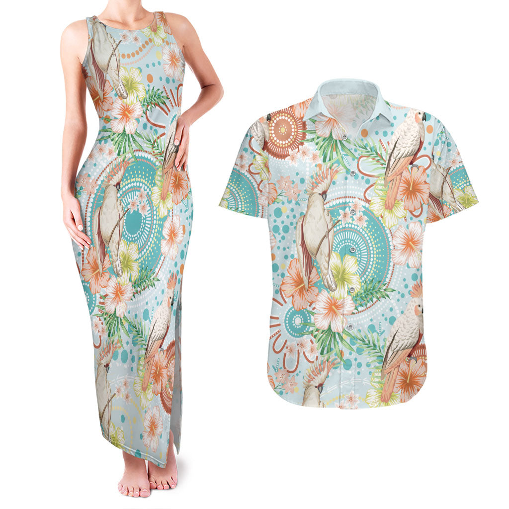 Australia Pink Cockatoo Aboriginal Art Couples Matching Tank Maxi Dress and Hawaiian Shirt Tropical Hibiscus Floral Style