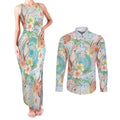 Australia Pink Cockatoo Aboriginal Art Couples Matching Tank Maxi Dress and Long Sleeve Button Shirt Tropical Hibiscus Floral Style