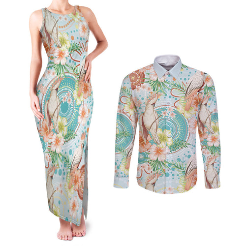 Australia Pink Cockatoo Aboriginal Art Couples Matching Tank Maxi Dress and Long Sleeve Button Shirt Tropical Hibiscus Floral Style