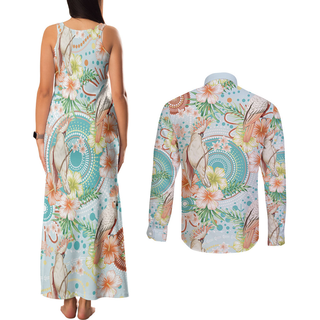Australia Pink Cockatoo Aboriginal Art Couples Matching Tank Maxi Dress and Long Sleeve Button Shirt Tropical Hibiscus Floral Style