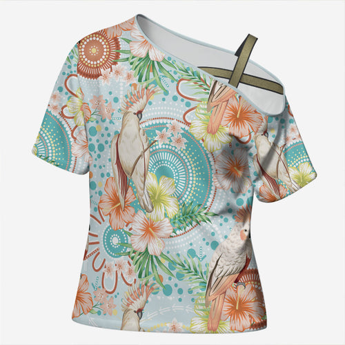 Australia Pink Cockatoo Aboriginal Art Cross Shoulder Shirt Tropical Hibiscus Floral Style