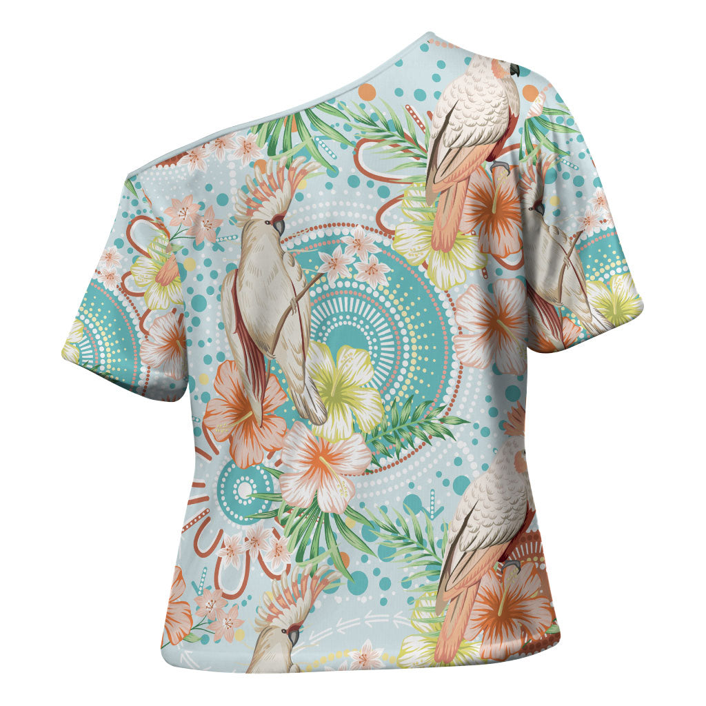 Australia Pink Cockatoo Aboriginal Art Cross Shoulder Shirt Tropical Hibiscus Floral Style