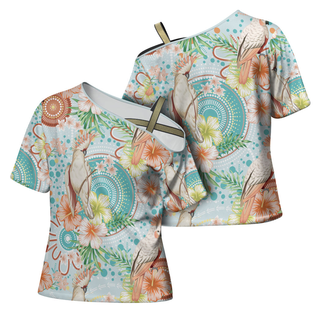 Australia Pink Cockatoo Aboriginal Art Cross Shoulder Shirt Tropical Hibiscus Floral Style