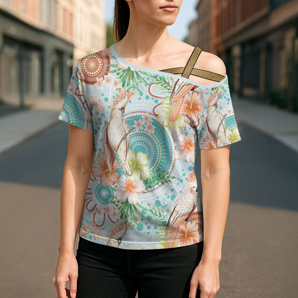 Australia Pink Cockatoo Aboriginal Art Cross Shoulder Shirt Tropical Hibiscus Floral Style