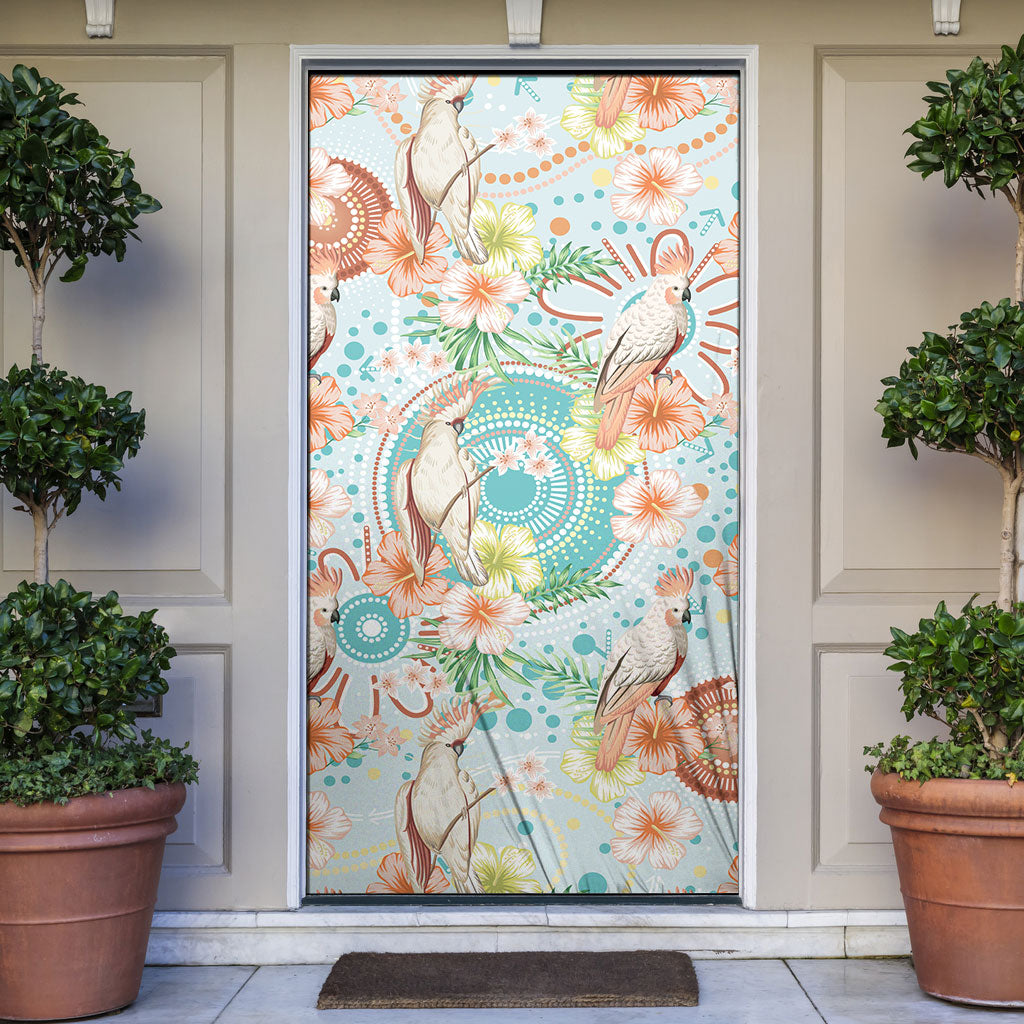 Australia Pink Cockatoo Aboriginal Art Door Cover Tropical Hibiscus Floral Style