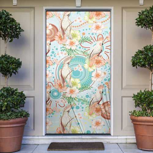 Australia Pink Cockatoo Aboriginal Art Door Cover Tropical Hibiscus Floral Style