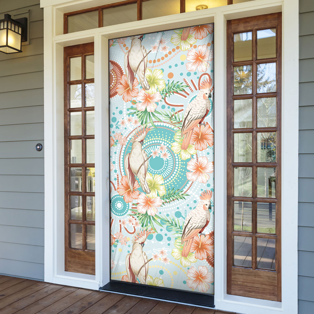Australia Pink Cockatoo Aboriginal Art Door Cover Tropical Hibiscus Floral Style