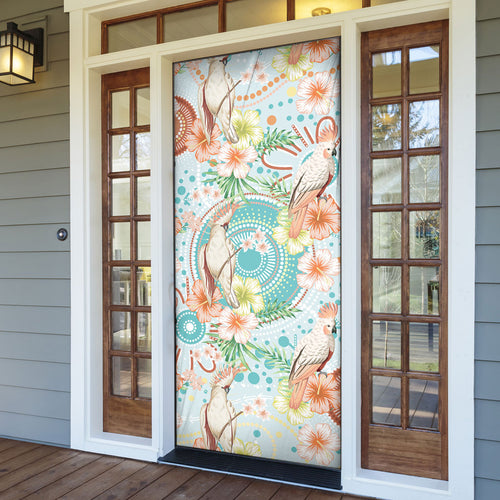 Australia Pink Cockatoo Aboriginal Art Door Cover Tropical Hibiscus Floral Style