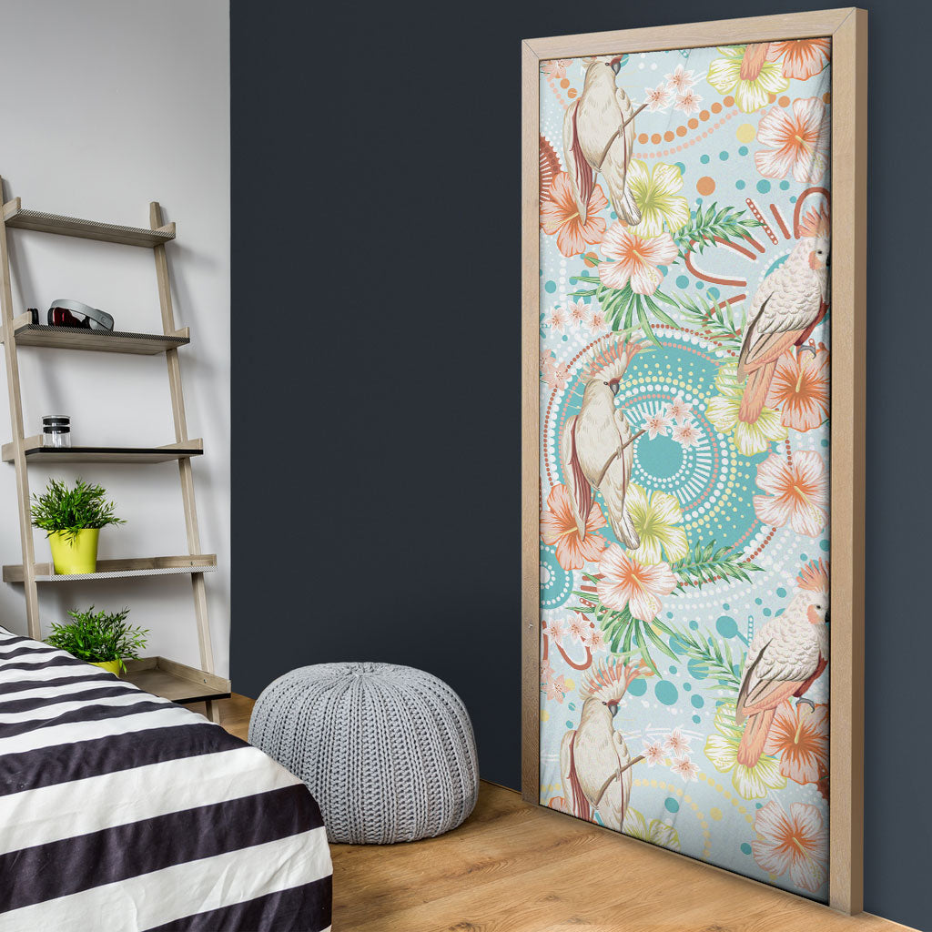 Australia Pink Cockatoo Aboriginal Art Door Cover Tropical Hibiscus Floral Style