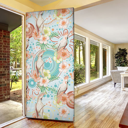 Australia Pink Cockatoo Aboriginal Art Door Cover Tropical Hibiscus Floral Style
