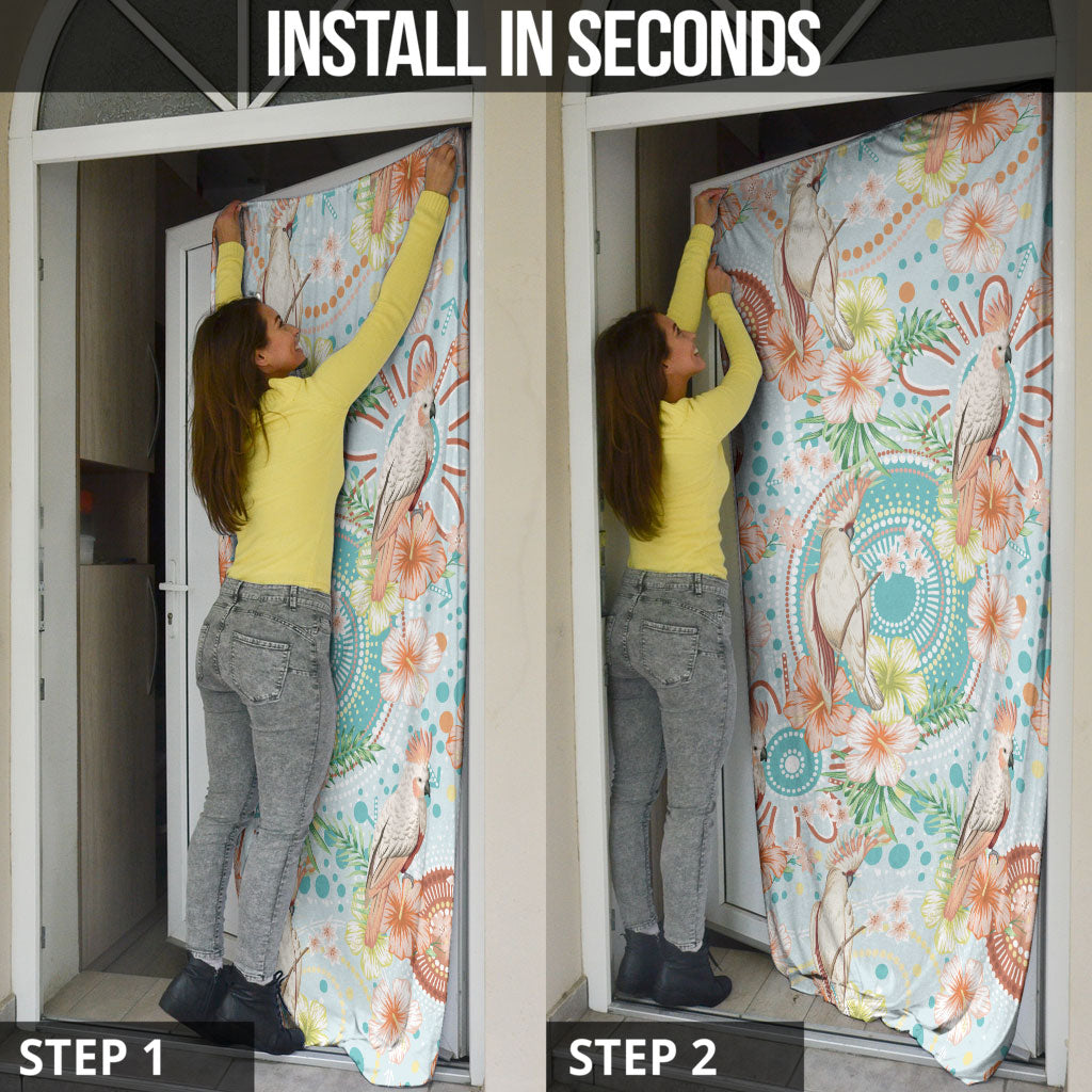 Australia Pink Cockatoo Aboriginal Art Door Cover Tropical Hibiscus Floral Style
