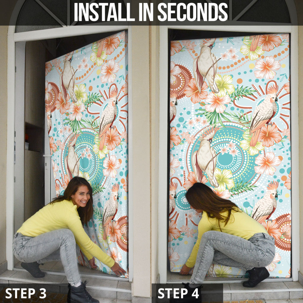 Australia Pink Cockatoo Aboriginal Art Door Cover Tropical Hibiscus Floral Style