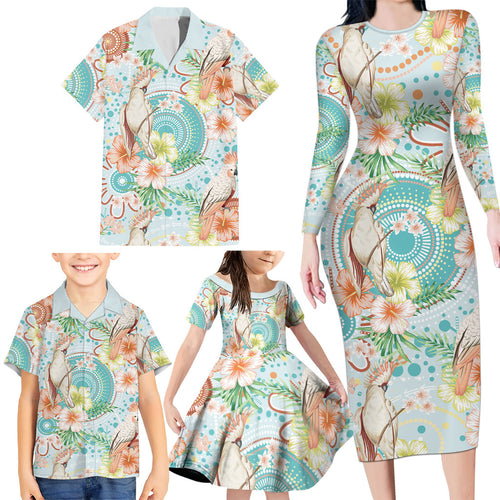 Australia Pink Cockatoo Aboriginal Art Family Matching Long Sleeve Bodycon Dress and Hawaiian Shirt Tropical Hibiscus Floral Style