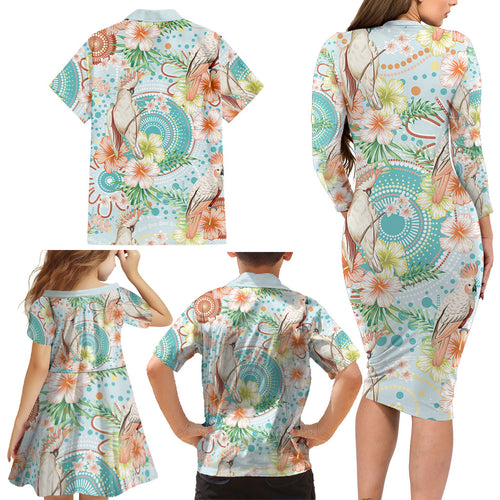 Australia Pink Cockatoo Aboriginal Art Family Matching Long Sleeve Bodycon Dress and Hawaiian Shirt Tropical Hibiscus Floral Style