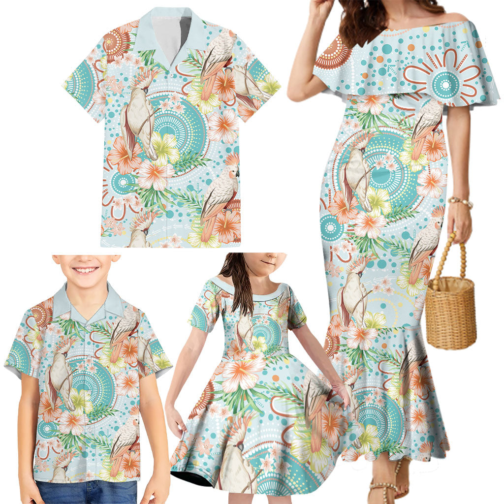 Australia Pink Cockatoo Aboriginal Art Family Matching Mermaid Dress and Hawaiian Shirt Tropical Hibiscus Floral Style