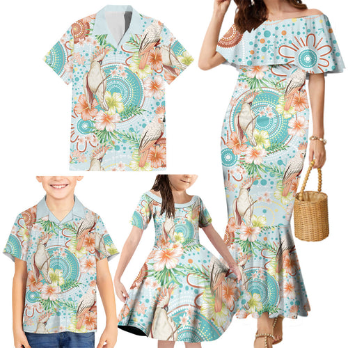 Australia Pink Cockatoo Aboriginal Art Family Matching Mermaid Dress and Hawaiian Shirt Tropical Hibiscus Floral Style