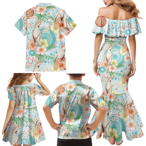 Australia Pink Cockatoo Aboriginal Art Family Matching Mermaid Dress and Hawaiian Shirt Tropical Hibiscus Floral Style
