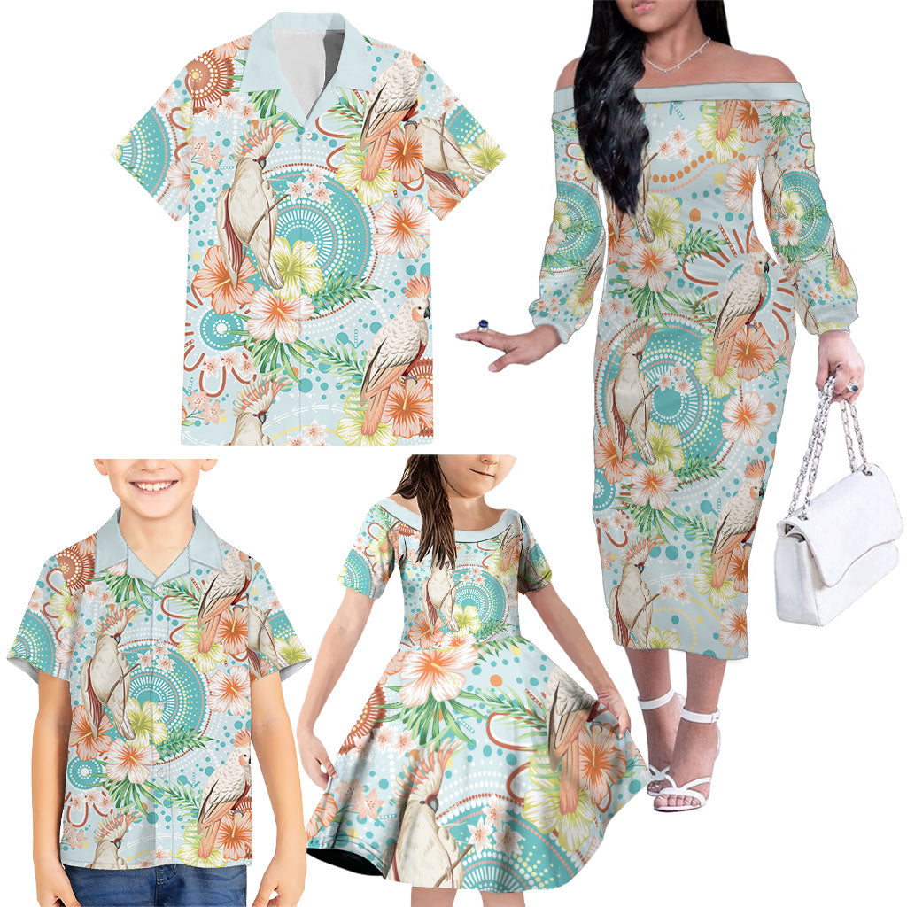 Australia Pink Cockatoo Aboriginal Art Family Matching Off The Shoulder Long Sleeve Dress and Hawaiian Shirt Tropical Hibiscus Floral Style